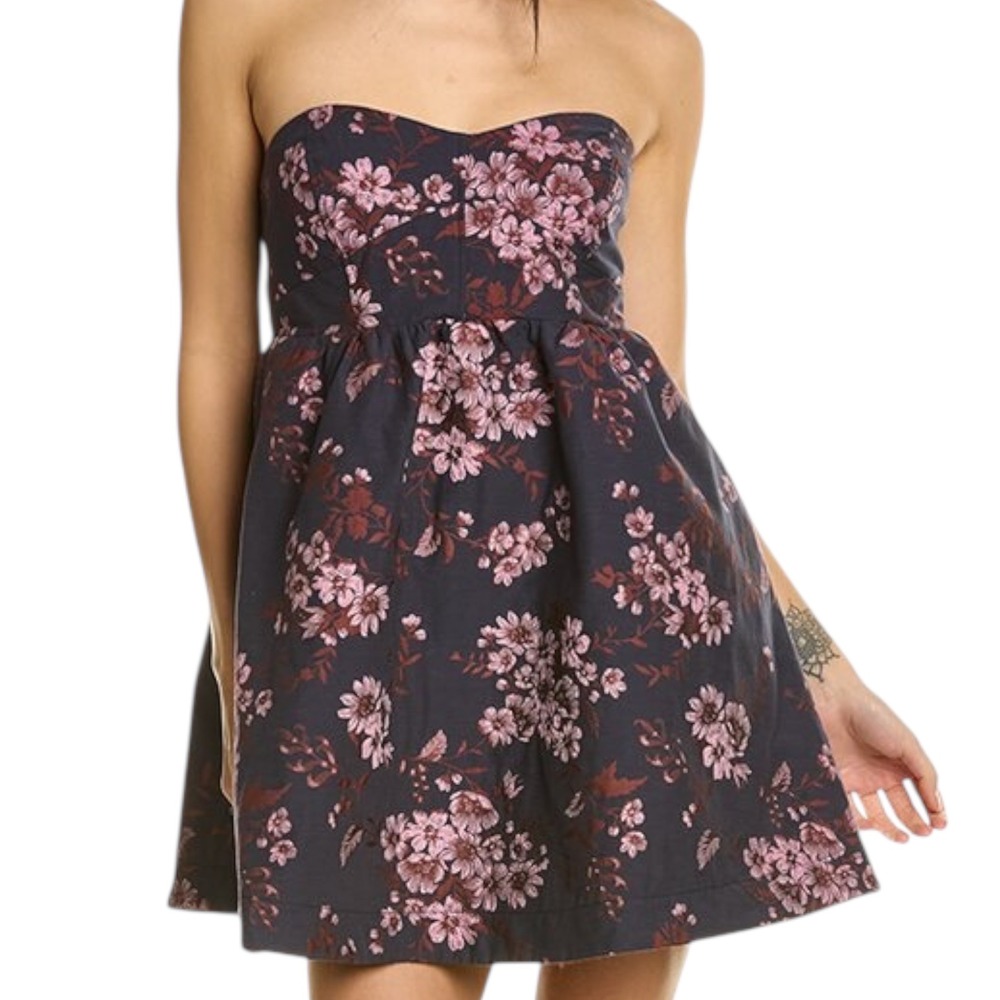 Free People Matilda Tie Back‎ Strapless Babydoll Floral Mini Dress Size Small